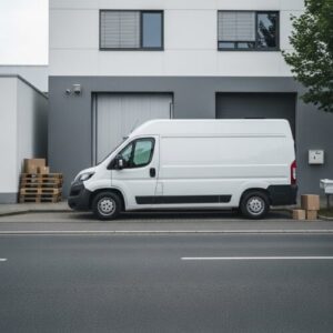 Krovininis mikroautobusas stovintis šalia sandėlio, pasiruošęs krovinių pervežimui.