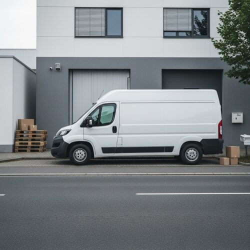 Krovininis mikroautobusas stovintis šalia sandėlio, pasiruošęs krovinių pervežimui.