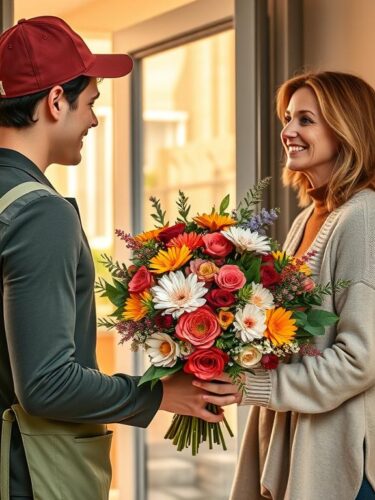 Gražiai sukomponuota gėlių puokštė įteikiama žmogui prie namų durų, spindint šiltai dienos šviesai.