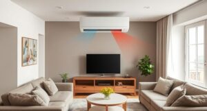 Šiuolaikinis oro kondicionierius jaukiame Europos stiliaus kambaryje