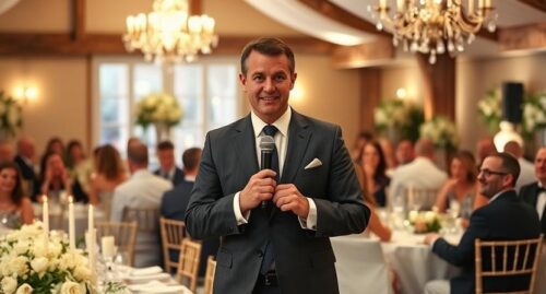 Renginio vedėjas veda vakarą elegantiškoje vestuvių šventėje, bendrauja su svečiais.